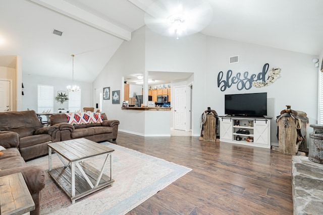 living room featuring ceiling fan with notable chandelier, beam ceiling, dark wood-type flooring, and high vaulted ceiling