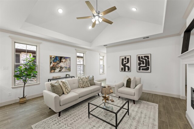 living room featuring lofted ceiling, a tray ceiling, ceiling fan, and wood-type flooring