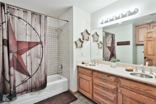 bathroom featuring tile floors, shower / tub combo with curtain, and double sink vanity