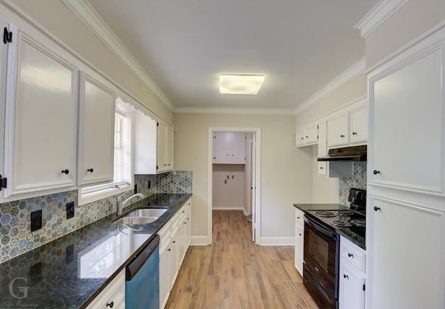 kitchen with black range with electric stovetop, white cabinets, and stainless steel dishwasher