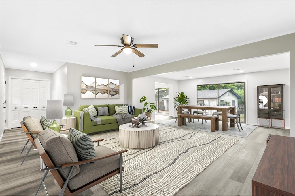 living room with ceiling fan and wood-type flooring