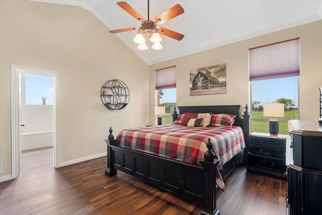 bedroom with dark wood-type flooring, high vaulted ceiling, crown molding, and ceiling fan