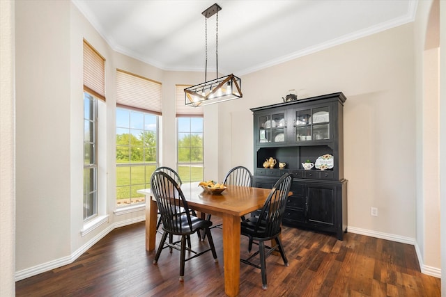 dining area featuring dark hardwood / wood-style flooring and ornamental molding