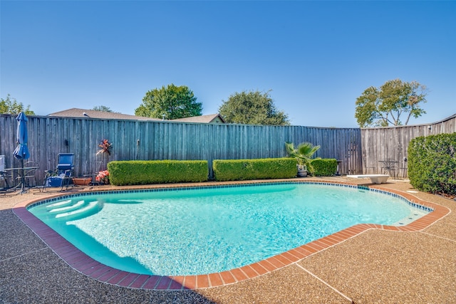 view of swimming pool featuring a diving board