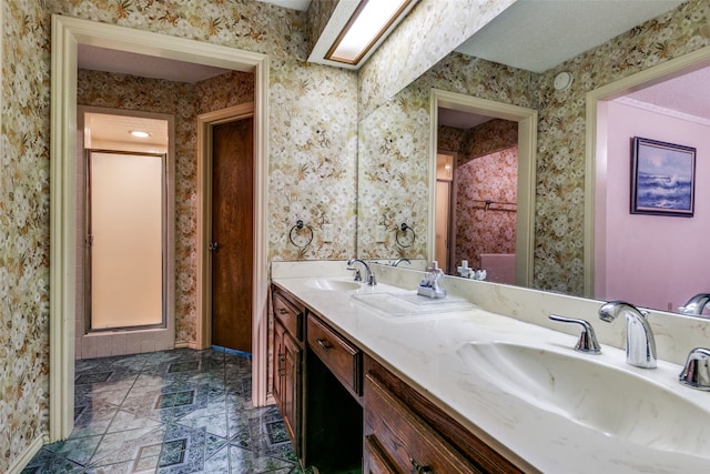 bathroom with a shower with door and vanity