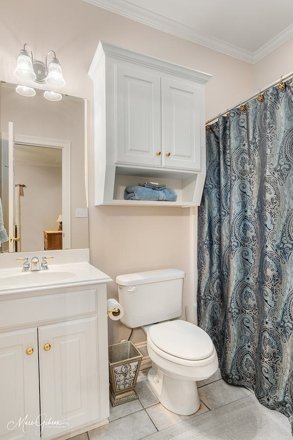 bathroom with toilet, ornamental molding, tile patterned flooring, and vanity