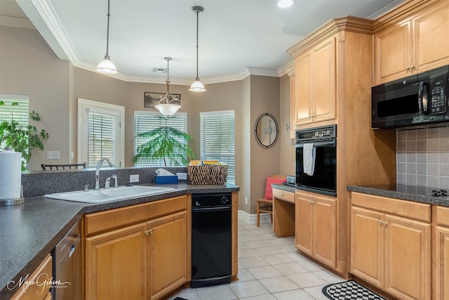 kitchen with pendant lighting, black appliances, sink, crown molding, and light tile patterned floors