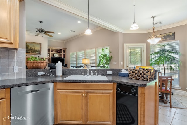 kitchen featuring ceiling fan, ornamental molding, dishwasher, and sink