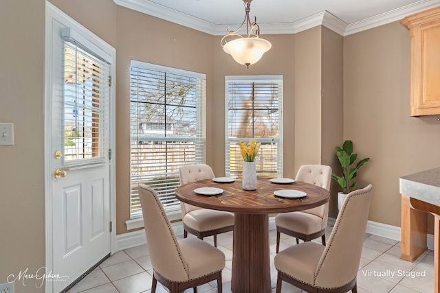 dining area with light tile patterned floors and crown molding