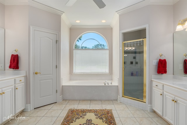 bathroom featuring ceiling fan, tile patterned flooring, ornamental molding, and shower with separate bathtub