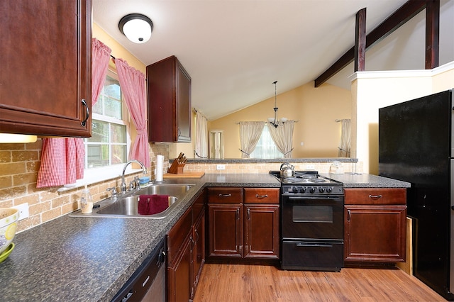 kitchen with sink, lofted ceiling with beams, light hardwood / wood-style floors, decorative backsplash, and black appliances