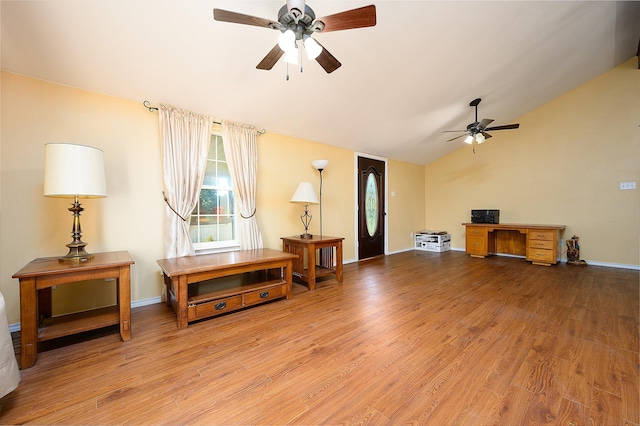 interior space featuring hardwood / wood-style flooring, ceiling fan, and lofted ceiling