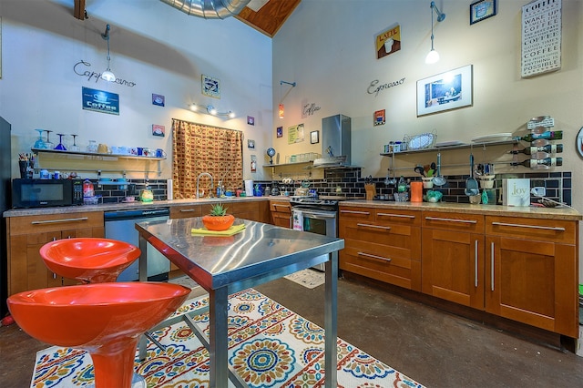 kitchen with a towering ceiling, tasteful backsplash, ventilation hood, sink, and stainless steel appliances