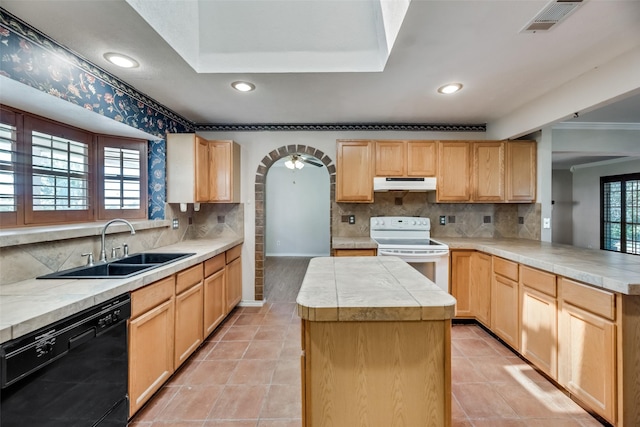 kitchen with sink, light brown cabinets, black dishwasher, and electric stove