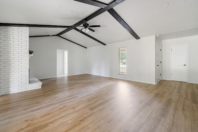 unfurnished living room with vaulted ceiling with beams, ceiling fan, and light wood-type flooring