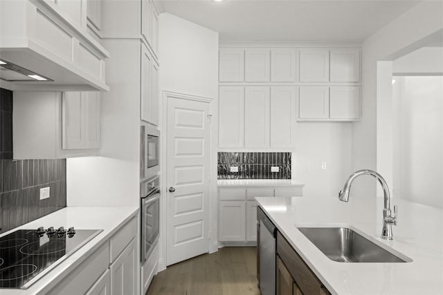 kitchen with tasteful backsplash, white cabinetry, stainless steel appliances, and a sink