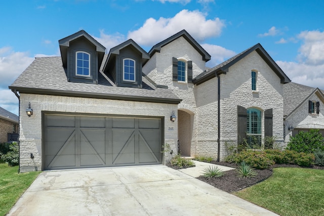 french provincial home featuring a front yard and a garage