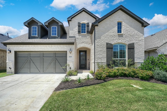 french country home with a garage and a front lawn