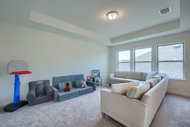 living room with carpet and a raised ceiling