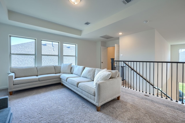 carpeted living room with a raised ceiling