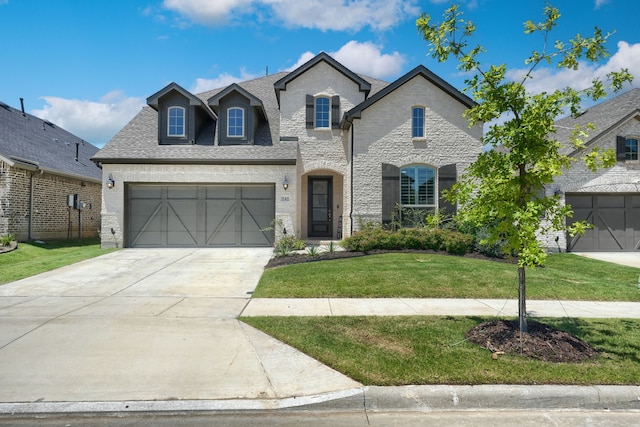 french country style house featuring a front lawn and a garage