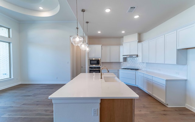 kitchen with tasteful backsplash, a kitchen island with sink, sink, hardwood / wood-style flooring, and appliances with stainless steel finishes