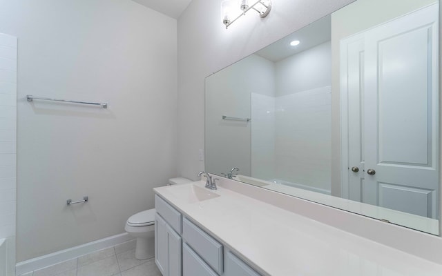 full bathroom featuring tile floors, shower / bath combination, toilet, and vanity