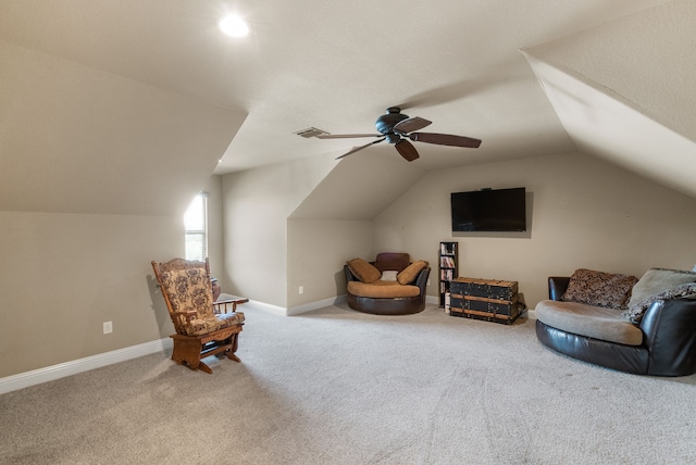 sitting room featuring carpet flooring, ceiling fan, and lofted ceiling