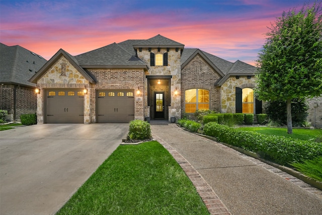 french provincial home featuring a garage and a lawn