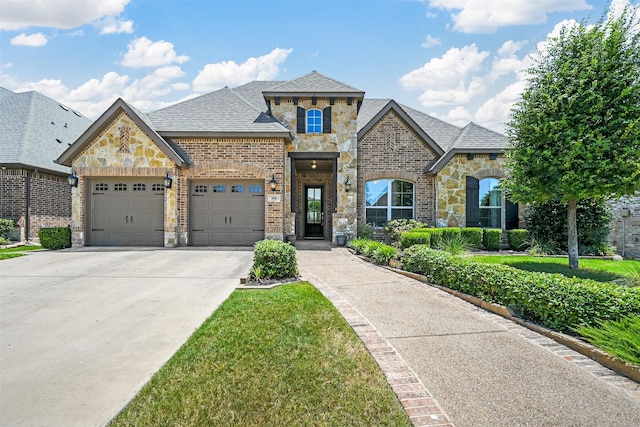 view of front of property featuring a front yard and a garage