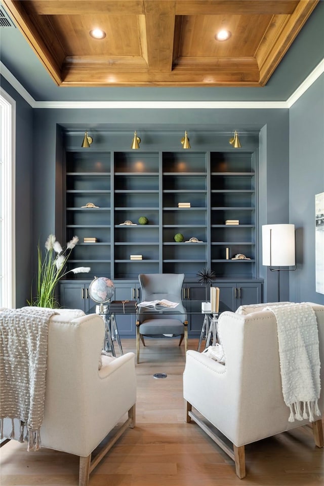 living room with crown molding, wood ceiling, and wood-type flooring