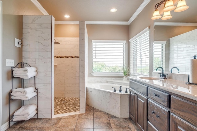 full bath with ornamental molding, a bath, and walk in shower