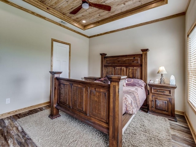 bedroom featuring ceiling fan, light wood-type flooring, ornamental molding, and wood ceiling