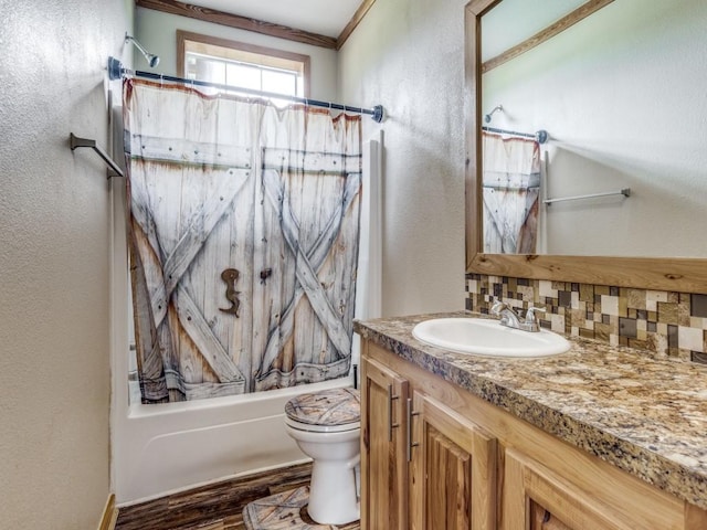 full bathroom with vanity, toilet, shower / bathtub combination with curtain, and backsplash