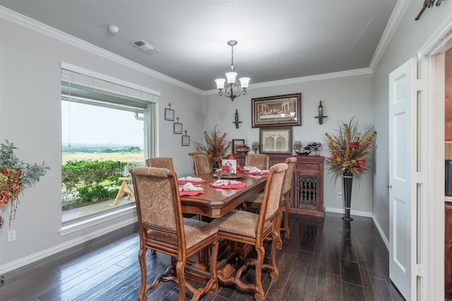 dining area with a notable chandelier, dark hardwood / wood-style flooring, and ornamental molding