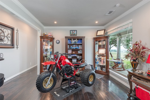 interior space with ornamental molding and dark wood-type flooring