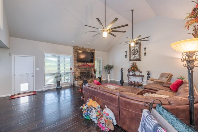 living room with high vaulted ceiling and dark wood-type flooring