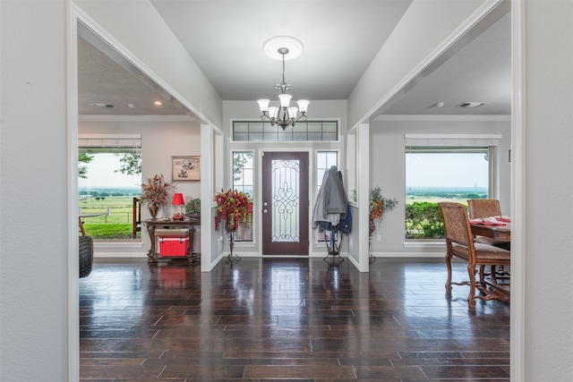 foyer featuring plenty of natural light, ornamental molding, dark wood-type flooring, and a chandelier