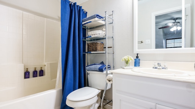 full bathroom with toilet, vanity, ceiling fan, and shower / tub combo with curtain