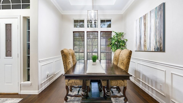 dining area with crown molding, dark hardwood / wood-style floors, and a chandelier