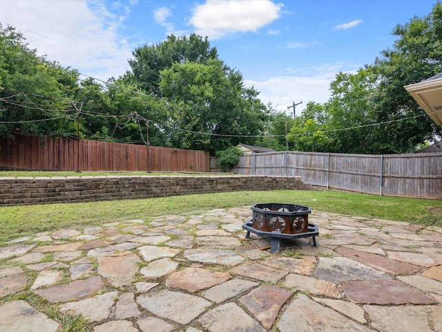 view of patio / terrace with a fire pit and a fenced backyard