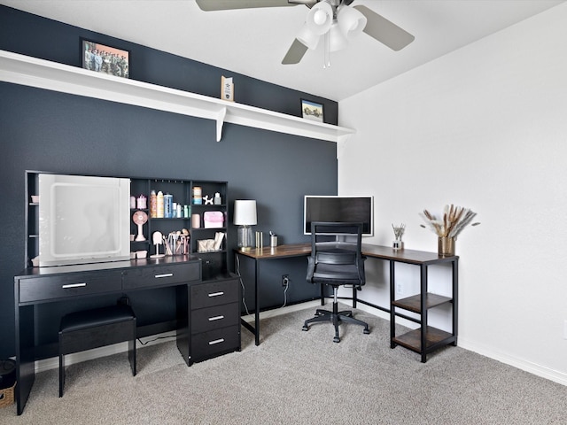 home office with carpet flooring and ceiling fan