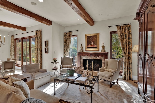 living room featuring beam ceiling