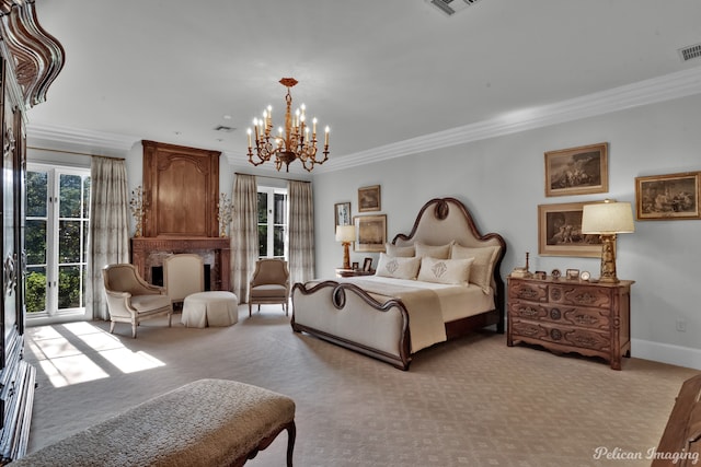 carpeted bedroom featuring ornamental molding and a chandelier