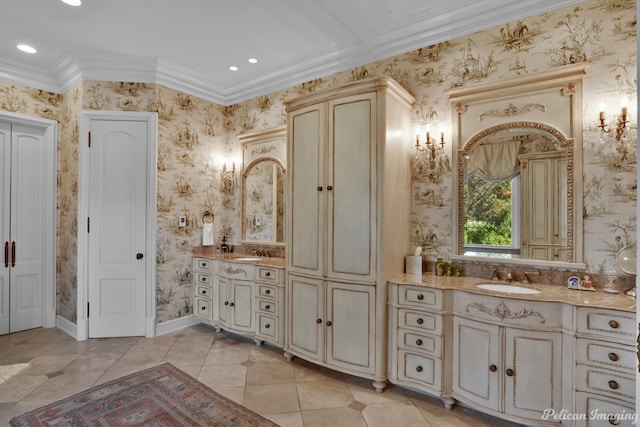 bathroom with tile flooring, vanity, and crown molding