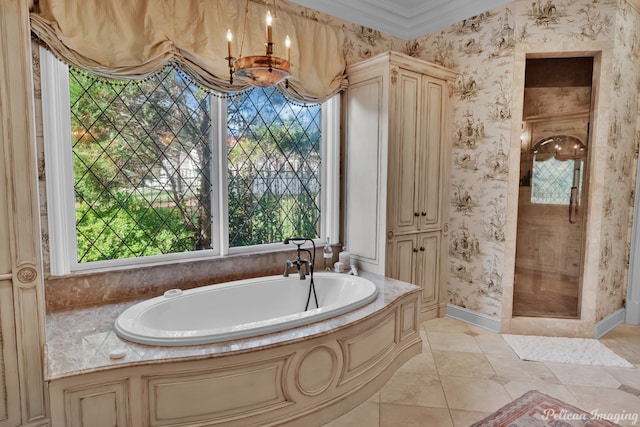 bathroom featuring shower with separate bathtub, ornamental molding, and tile floors