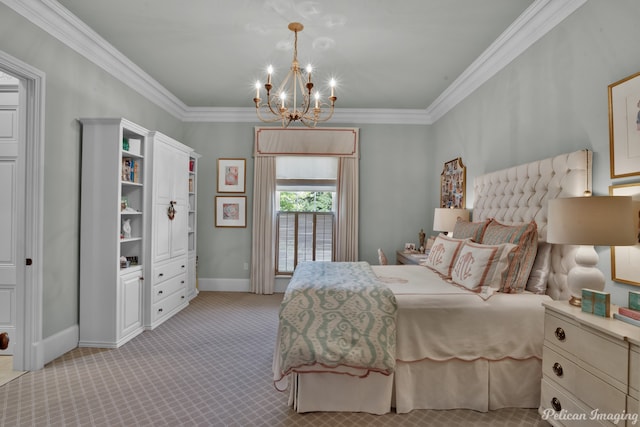 bedroom featuring a notable chandelier, ornamental molding, and light colored carpet