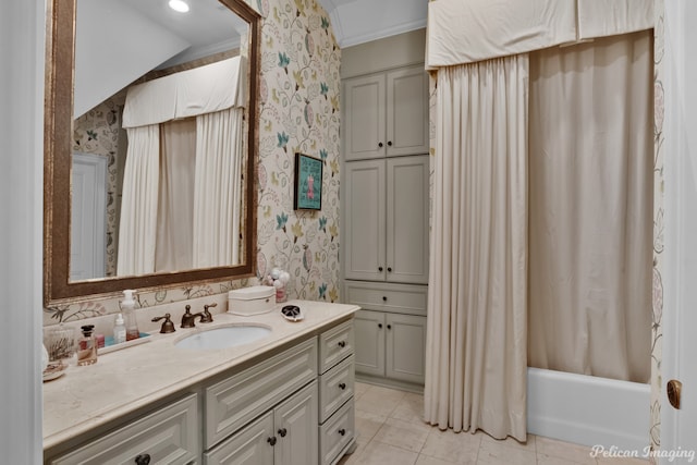 bathroom with tile flooring, vanity, and shower / tub combo