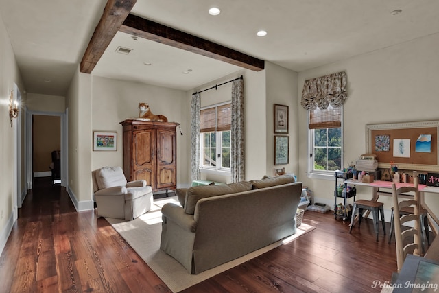 living room with beam ceiling, a healthy amount of sunlight, and dark hardwood / wood-style flooring