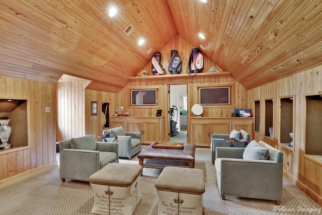 carpeted living room featuring wooden ceiling, lofted ceiling, and wooden walls